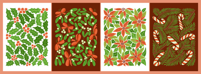 set of mid century christmas poster or art prints with winter botany. hippie 60s, 70s style. vector 