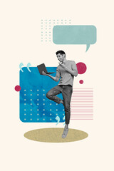 Poster - Trend artwork composite sketch photo collage of online meeting man stand work laptop read talk speech cloud bubble dialog textbox