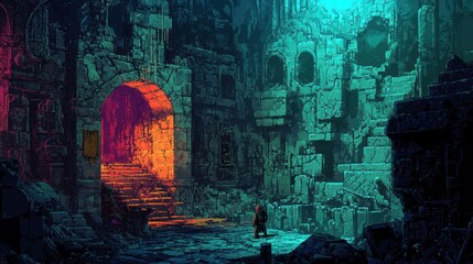 Wall Mural - A lone figure standing at the entrance of a glowing, neon-lit, pixelated city