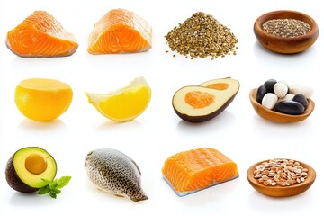 Sticker - Set of food rich ofomega 3 fats isolated on white with generative ai