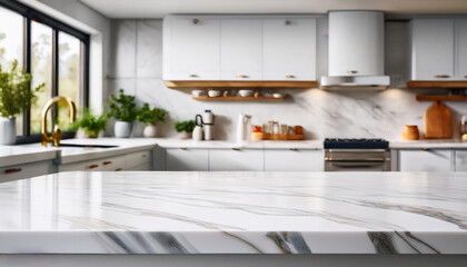 Modern empty white marble table for product display with kitchen room interior background