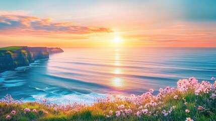 Wall Mural - A beautiful sunset over the ocean with a field of flowers in the foreground