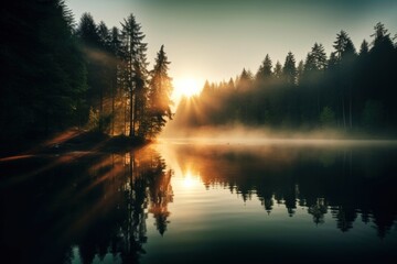 Canvas Print - Nature forest lake sun.