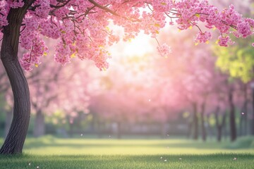 Wall Mural - A tree with pink blossoms is in a park