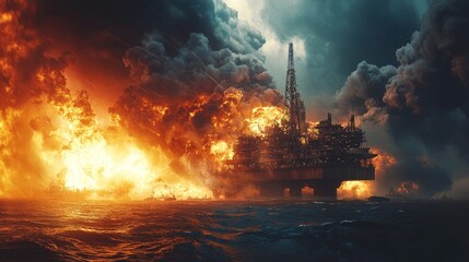 Offshore oil rig on fire with massive flames and dark smoke billowing