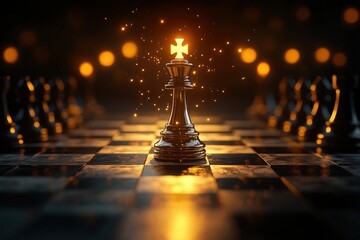 Wall Mural - A golden chess king stands alone on a chessboard with glowing lights, representing leadership, power, and success.