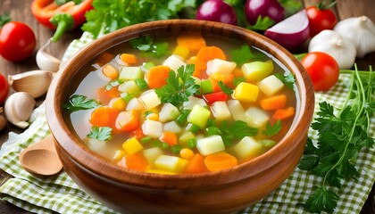 colorful and hearty vegetable soup in a rustic bowl