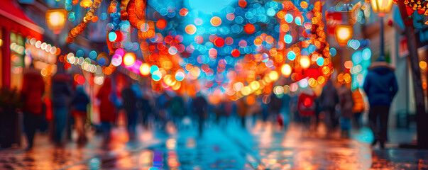 Blurred view of city street with festive lights at night. Abstract defocus background with christmas bokeh lights on streets decorated for christmas in european city in December