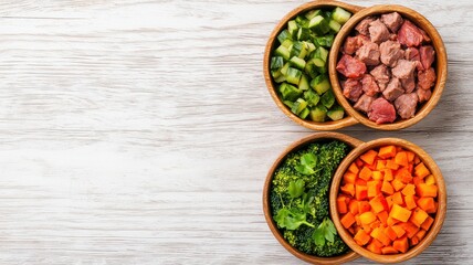 Wall Mural - Colorful ingredients in wooden bowls on a table, fresh vegetables and meat for a healthy meal preparation.