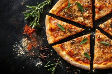 Slices of pizza with spices on black background with generative ai