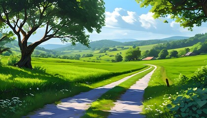 Wall Mural - Serene journey through vibrant green fields and tranquil rural landscapes