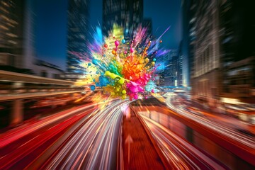 Wall Mural - Colorful paint splattered in a burst of energy, set against a backdrop of blurry city lights and skyscrapers, creating a sense of motion and dynamism.