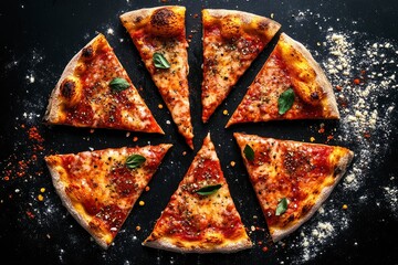 Slices of pizza with spices on black background with generative ai