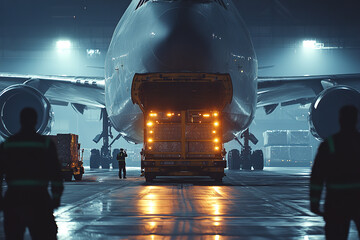 Canvas Print - Air Cargo Plane Efficient Loading with Team Coordination at Freight Terminal  