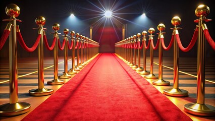 Long red carpet leading to a spotlight underneath stage lighting with ropes on each side