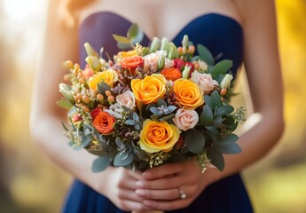 Hands Holding a Colorful Bouquet of Fresh Flowers