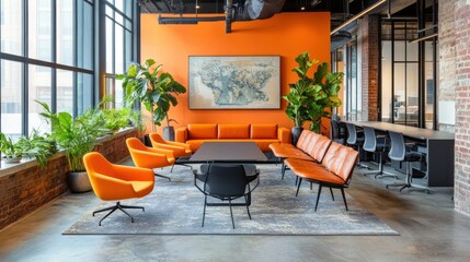 Poster - Modern Office Lounge with Orange Couches, Plants, and a Rug