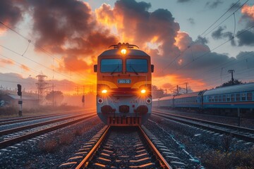 Majestic train journey through a vibrant sunset landscape capturing the essence of transport and nature