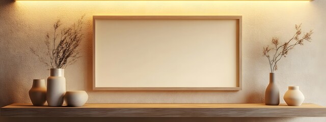 Modern minimalist style, beige wall with wooden shelves and vases on the shelves, blank poster frame above