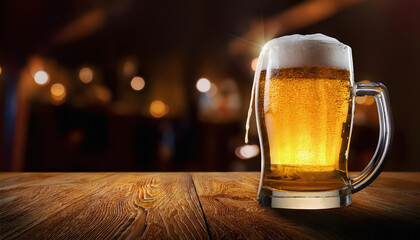 glass of beer on wooden table