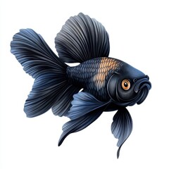 A realistic illustration of a black goldfish, featuring flowing fins and detailed scales, swimming gracefully against a white background.