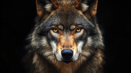 majestic wolf portrait intense closeup of adult wolfs face against pitchblack background piercing eyes and detailed fur texture create a powerful primal image