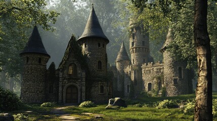 Sticker - Stone Castle in a Sun-Dappled Forest