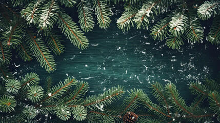 Wall Mural - Snowy spruce branches on a green wood background