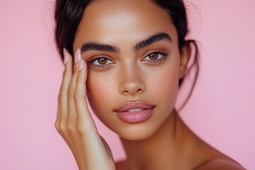 Wall Mural - Stunning Latina woman with radiant skin and soft makeup gently touches her cheek in this close-up portrait against a pink background. with generative ai