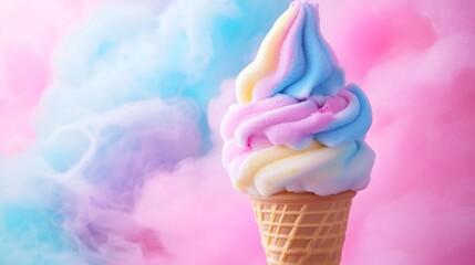 Sticker - Colorful soft serve ice cream cone on a pink and blue background.