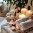 © Ananya S - A cozy spa setting with calming elements like candles, essential oils, and soft textiles, emphasizing restorative relaxation and self-care.