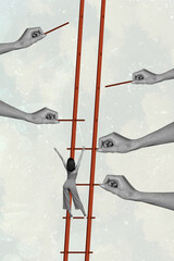 Aufkleber - Creative abstract template collage of funny girl climb ladder build career hands building freak bizarre unusual fantasy billboard