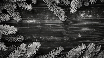 Snowy spruce branches on a light black wood background