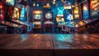 © Suphakorn - A vibrant arcade scene featuring colorful pinball machines with a wooden table in the foreground, creating a nostalgic atmosphere, empty mockup for product presentation