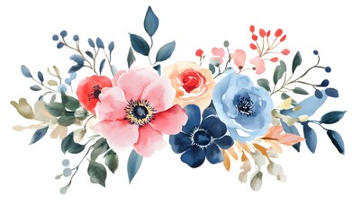 Watercolor floral bouquet with pink, blue, and red flowers on a white background illustration clipart.