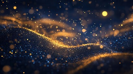 Wall Mural - mesmerizing display of golden light particles swirling against a deep navy background creating a magical and festive atmosphere