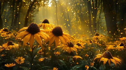 Sticker - Sunlit Meadow: A Symphony of Golden Flowers in a Dreamy Forest