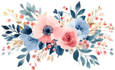 Watercolor floral bouquet with pink, blue, and red flowers on a white background illustration clipart.