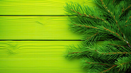 Wall Mural - Snowy spruce branches on a vivid lime wood background