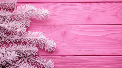 Wall Mural - Snowy spruce branches on a vivid pink wood background