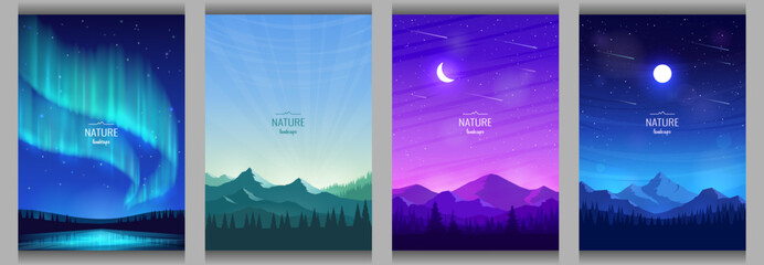 Wall Mural - A set of night landscapes. Panoramic view of mountains and forest, aurora borealis, sunrise over mountain tops, dark sky and moon. Design for travel banners, covers, greeting cards. Vector image.