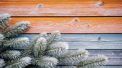 Wall Mural - Snowy spruce branches on a colorful wood background