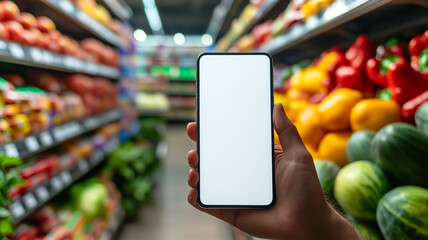 a hand holding a blank white screen mobile phone in a grocery store, blurred supermarket shelves with colorful vegetables and fruits