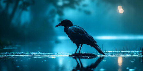 Wall Mural - A Raven Stands Silhouetted Against a Blue, Foggy Background with a Reflection in the Water