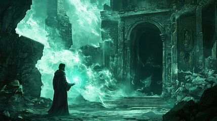 Wall Mural - A hooded figure casts a spell in front of a ruined ancient temple.