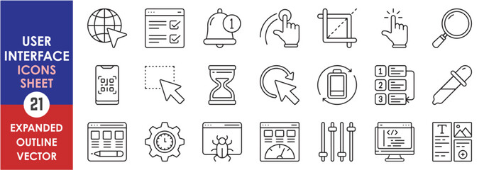 Leinwandbilder - A set of line icons related to User Interfaces. User, UI, design, notification, bell, crop, touch, tap, screen, bug, internet, and so on. Vector outline icons set.