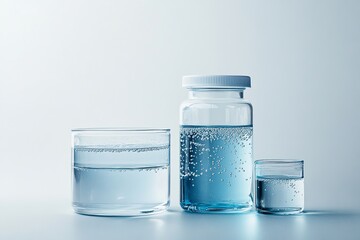 Poster - Water liquid in transparent containers on solid white background, single object