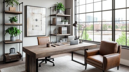 A sophisticated home office with a large rustic wood desk