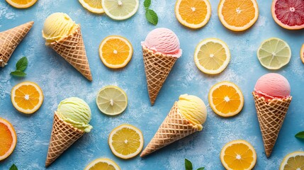 Sticker - Ice cream cones with various citrus fruits on a blue background.