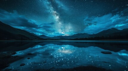 Poster - Milky Way Reflection in a Still Lake Surrounded by Mountains at Night